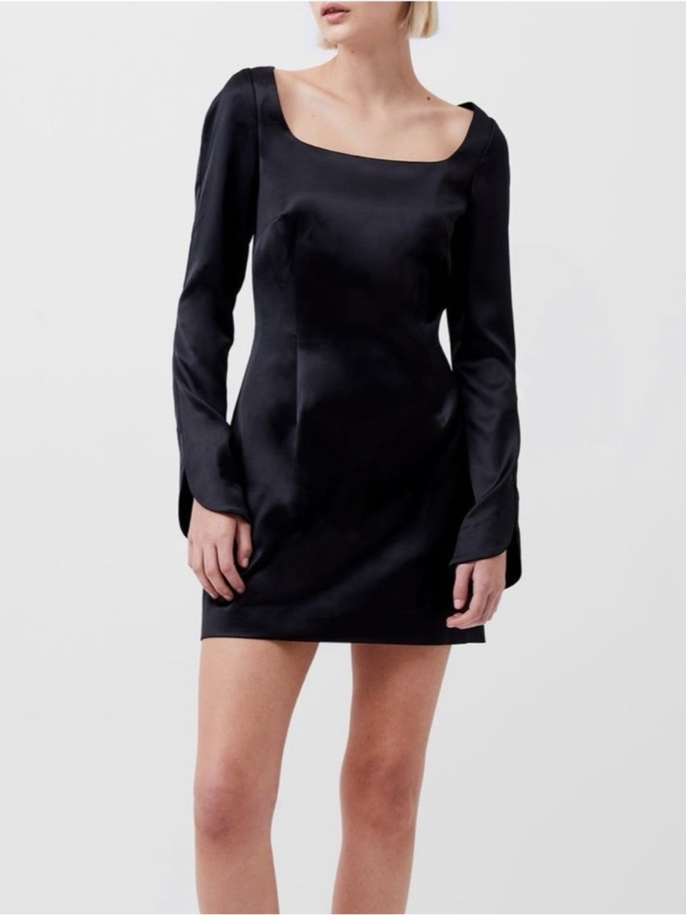 NWT French Connection Black Satin Square-Neck Long Sleeve Mini Dress